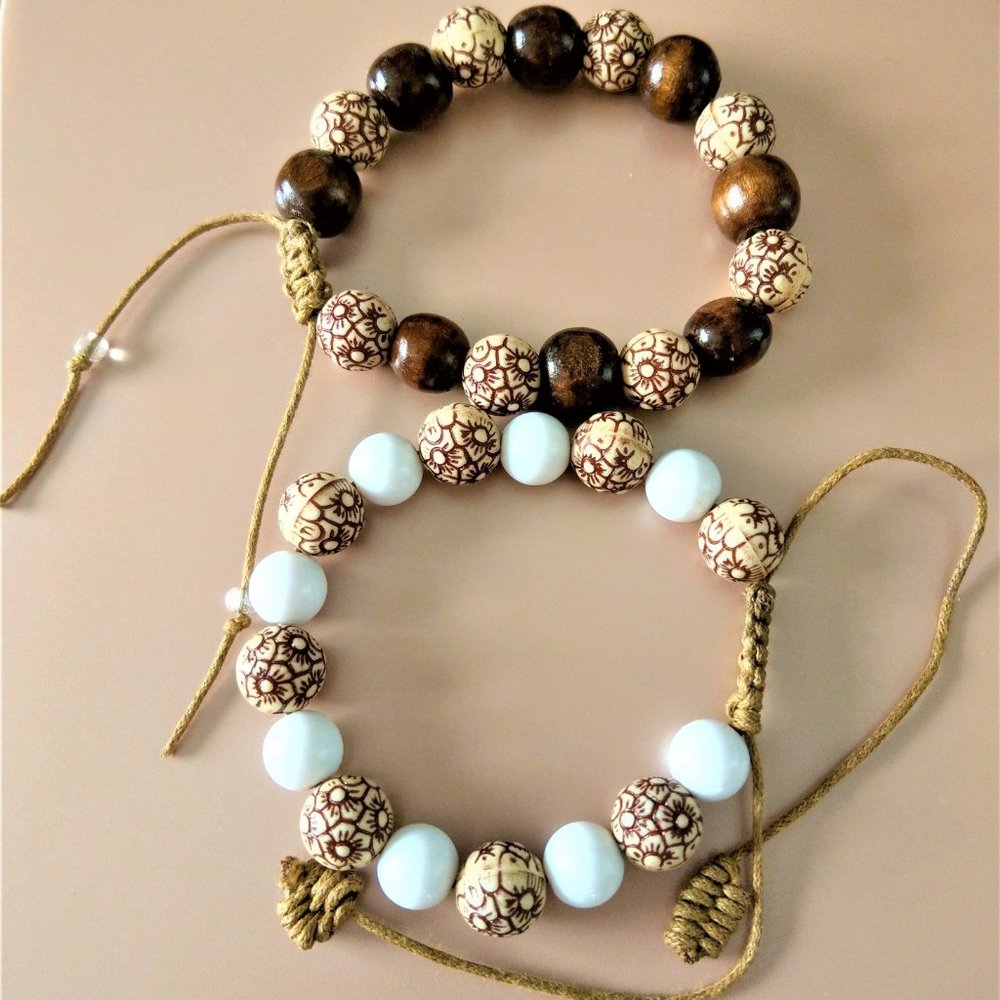 Matching Bracelets w/White-Wooden Beads for Couple